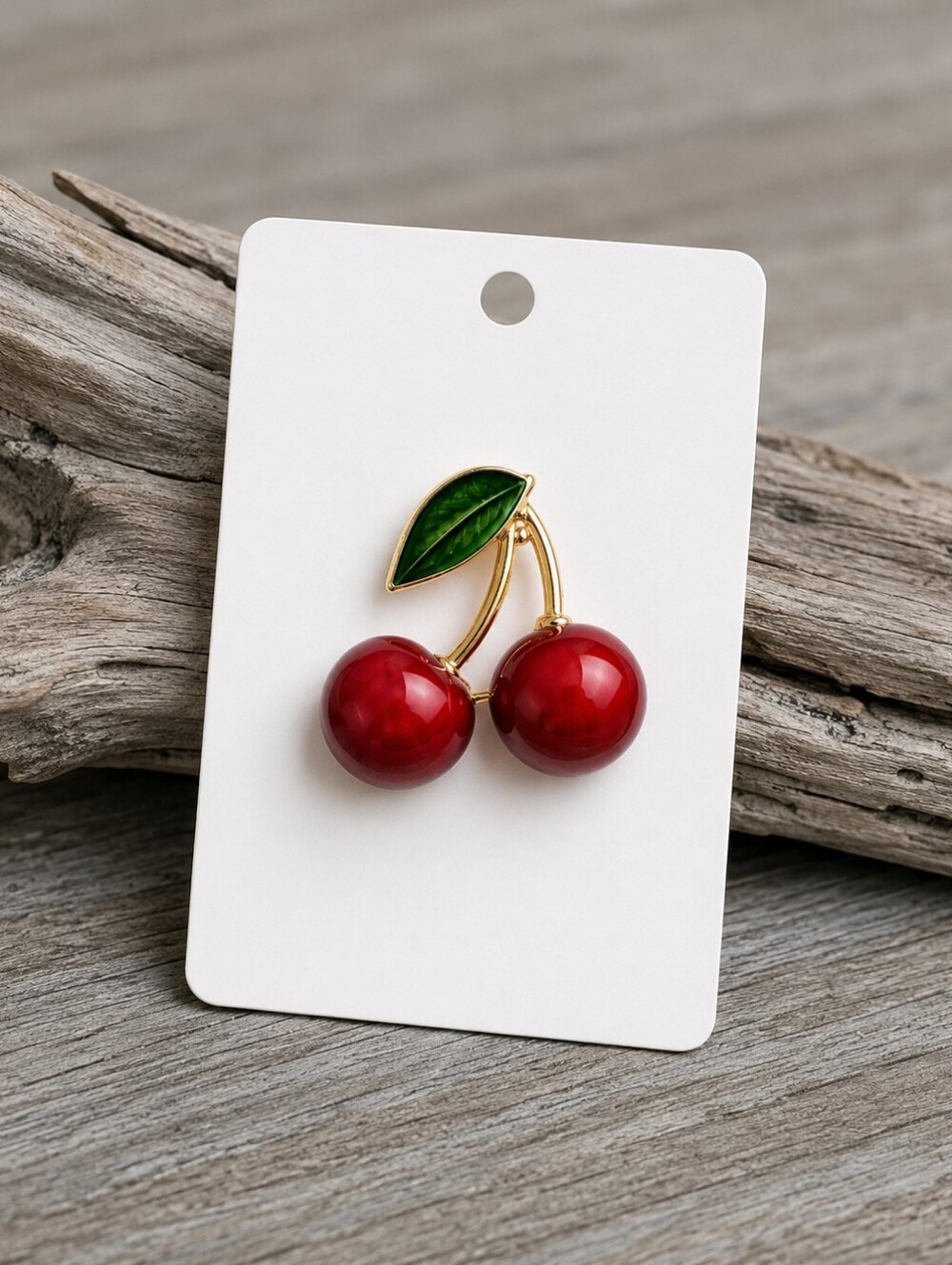 Gold Cherry Pin Brooch with Red Enamel Cherries and Green Leaf - Women Jewelry